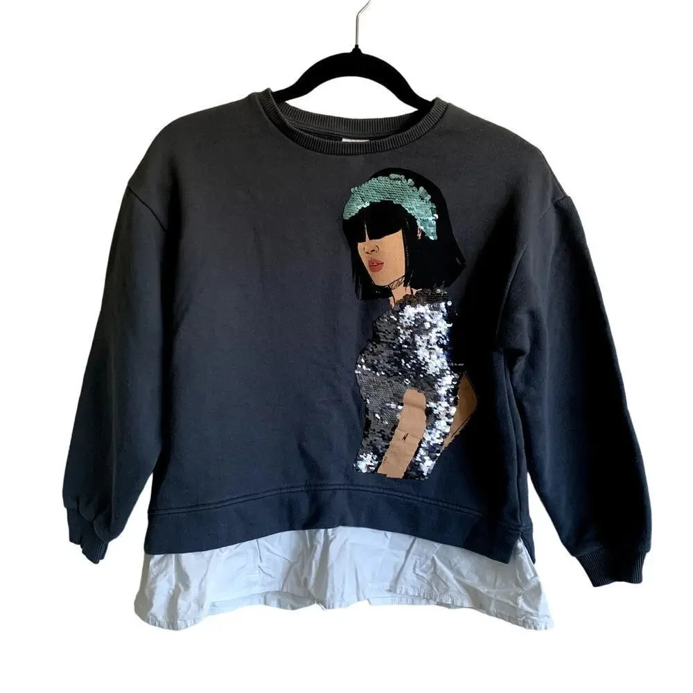 Zara Sequined Girl Graphic Peplum Crewneck Cotton Sweatshirt Size 13-14